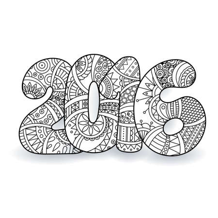 Happy New Year 2016 celebration number. Vector Xmas illustration in zentangle. Christmas background.のイラスト素材