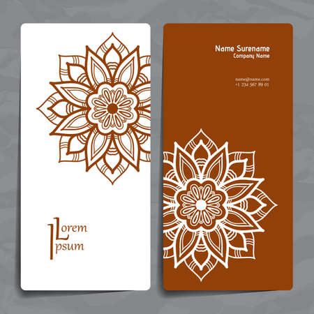 Set of vector design templates. Brochures in random colorful style. Vintage frames and backgrounds. Business card with floral circle ornament. Mandala style.のイラスト素材