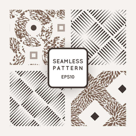 Vector set of seamless geometric patterns of lines in the style of engraving and floral patternsのイラスト素材