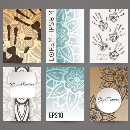 Set of vector design templates. Brochures in random colorful style. Vintage frames and backgrounds. Flower, mandala design.のイラスト素材