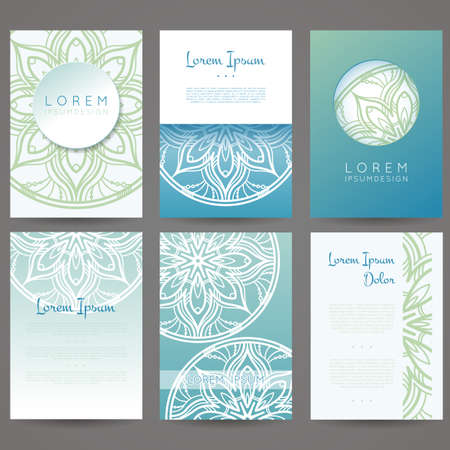 Set of vector design templates. Brochures in random colorful style. Vintage frames and backgrounds. Flower, mandala design.のイラスト素材