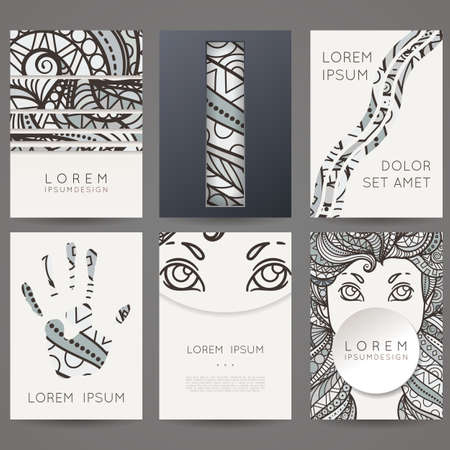 Set of vector design templates. Brochures in random colorful style. Vintage frames and backgrounds.のイラスト素材