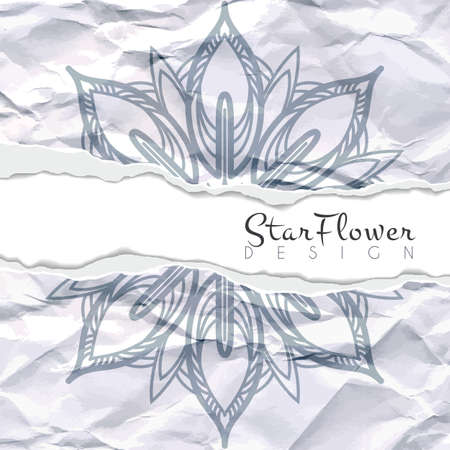 Vector background of crumpled torn paper with floral circular pattern. Mandala. Ragged edges.のイラスト素材