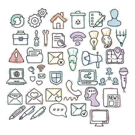 Set of doodle web, computer and drawing icons. Hand draw collection.のイラスト素材