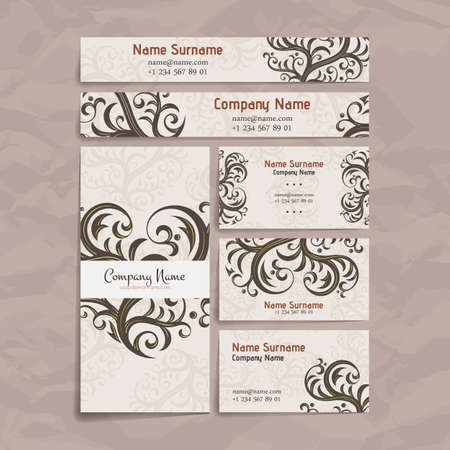 Set of vector design templates. Brochures in random colorful style. Vintage frames and backgrounds. Business card with floral ornament. Vintage style.のイラスト素材