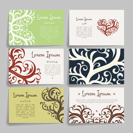 Set of vector design templates. Brochures in random colorful style. Vintage frames and backgrounds. Business card with floral ornament. Vintage style.のイラスト素材
