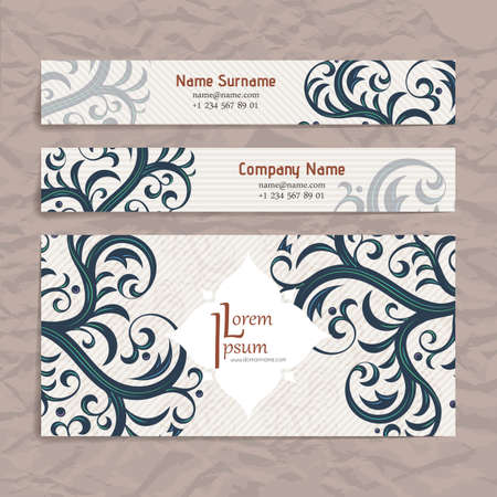 Set of vector design templates. Brochures in random colorful style. Vintage frames and backgrounds. Business card with floral ornament. Vintage style.のイラスト素材