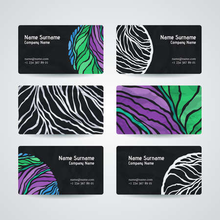 Set of vector design templates. Brochures in random colorful style. Vintage frames and backgrounds. Business card with abstract circle ornament.のイラスト素材