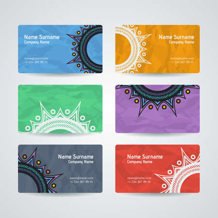 Set of vector design templates. Brochures in random colorful style. Vintage frames and backgrounds. Business card with floral circle ornament. Mandala style.のイラスト素材