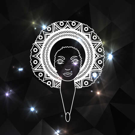 Portrait of a woman with luxuriant hair in the style of an African. Vector. The patterns in the hair. Brilliant background.のイラスト素材