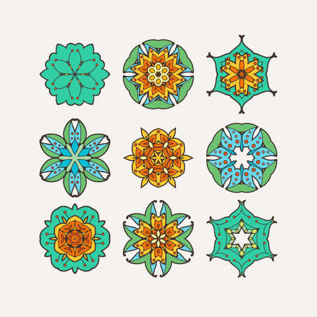 Set of ornate vector mandala symbols. Mehndi lace tattoo. Oriental weave with sharp corners. The circular pattern.のイラスト素材
