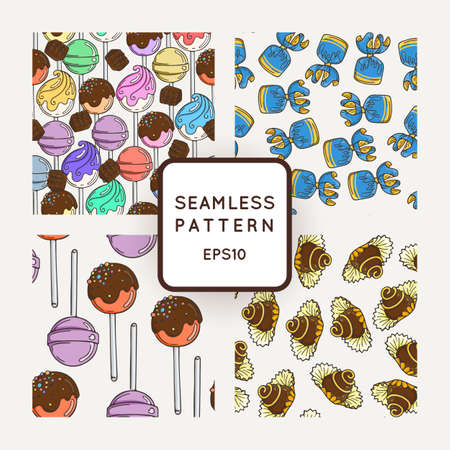 Set of Vector Candy, Bows and Muffins Seamless Patterns. Sweet Party Texture. Buns, donuts, sweet icing and jelly beans.のイラスト素材