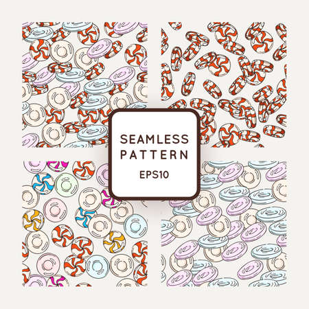 Set of Vector Candy, Bows and Muffins Seamless Patterns. Sweet Party Texture. Buns, donuts, sweet icing and jelly beans.のイラスト素材
