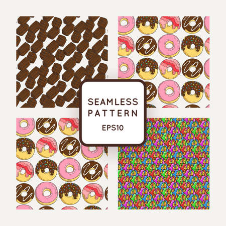 Set of Vector Candy, Bows and Muffins Seamless Patterns. Sweet Party Texture. Buns, donuts, sweet icing and jelly beans.のイラスト素材