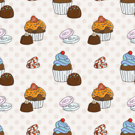 Vector Muffins Seamless Pattern. Cakes, Sweets. Candy wrappers, cups and cream.のイラスト素材