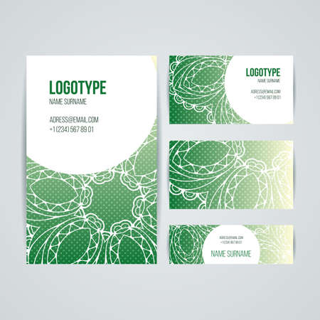 Set of vector design templates. Brochures in random colorful style. Vintage frames and backgrounds. Business card with floral circle ornament. Mandala style.のイラスト素材