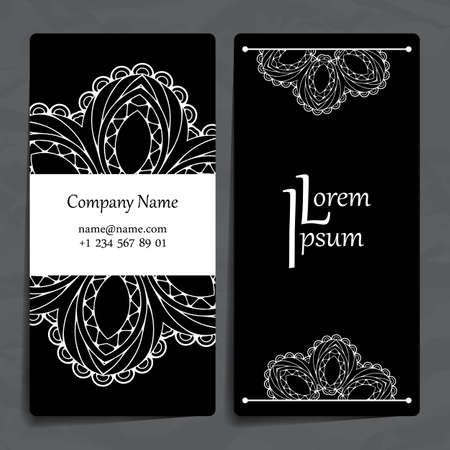 Set of vector design templates. Brochures in random colorful style. Vintage frames and backgrounds. Business card with floral circle ornament. Mandala style.のイラスト素材