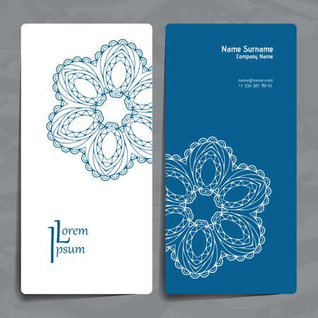 Set of vector design templates. Brochures in random colorful style. Vintage frames and backgrounds. Business card with floral circle ornament. Mandala style.のイラスト素材