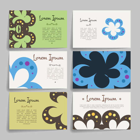 Set of vector design templates. Brochures in random colorful style. Vintage frames and backgrounds. Business card with floral symbol.のイラスト素材