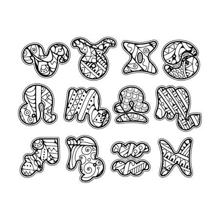 Zentangle zodiac icons. Funny bubble style for children or party.のイラスト素材