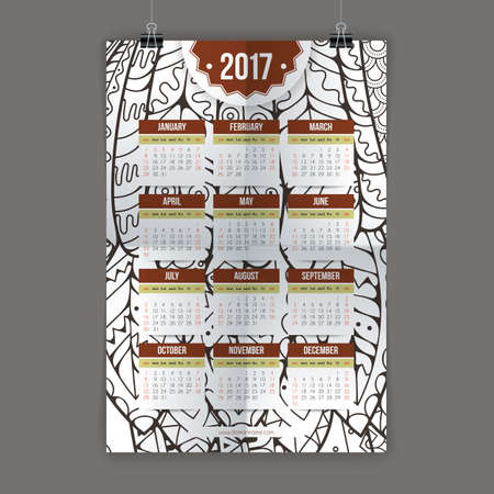 Zentangle colorful calendar 2017 hand painted in the style of floral patterns and doodle. Ornate, elegant and intricate style.のイラスト素材