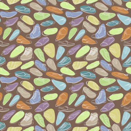 Vector seamless pattern of variety men shoes. Intricate endless background.のイラスト素材