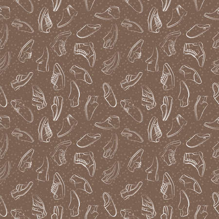 Vector seamless pattern of variety men shoes. Intricate endless background.のイラスト素材