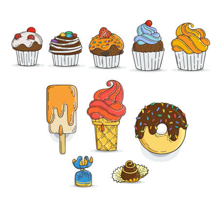 Set of Candy and Muffins Icons. Cakes, Sweets, Lollipops, Bows.のイラスト素材