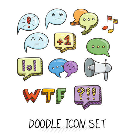 Set of Universal Doodle Icons. Bright Colors and Variety of Topics. Communication, Social Media, Comments and Ratings, Yada, Chatting.のイラスト素材
