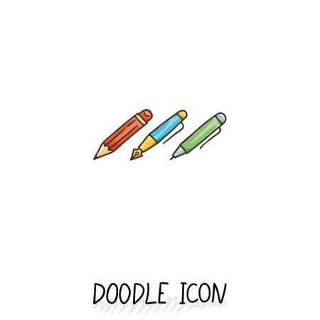 Set of Doodle Writing Utensils. Writing office icons. Pencil, pen, ink pen.のイラスト素材