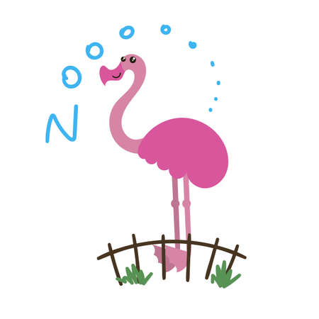 Set of Cute Vector Zoo Animal. Kawaii eyes and style. Doodle illustration. Flamingoのイラスト素材