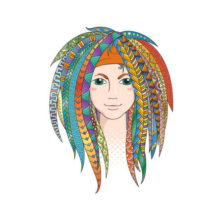 Colorful young girl with patterned zentangle dreadlocks. Ornate hairstyle. Vector illustration.のイラスト素材