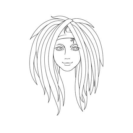 Young girl with dreadlocks. Freak hairstyle. Picture for coloring. Vector illustration.のイラスト素材