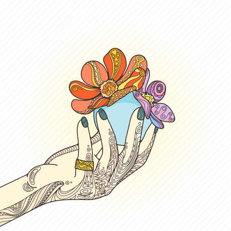 Beauty zentangle woman hand with ring, nails, ball and ornate flowers. Intricate patterned illustration.のイラスト素材