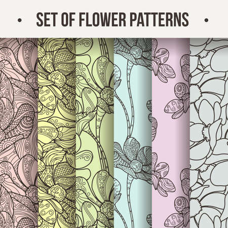 Set of Vector Seamless Floral Zentangle Pattern. Ornate endless ornament.のイラスト素材
