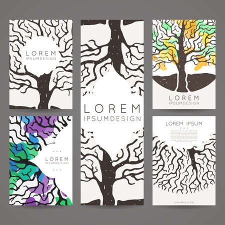 Set of vector design templates. Brochures in random colorful style. Vintage frames and backgrounds. Business card with tree in hand draw style. Hipster style.のイラスト素材