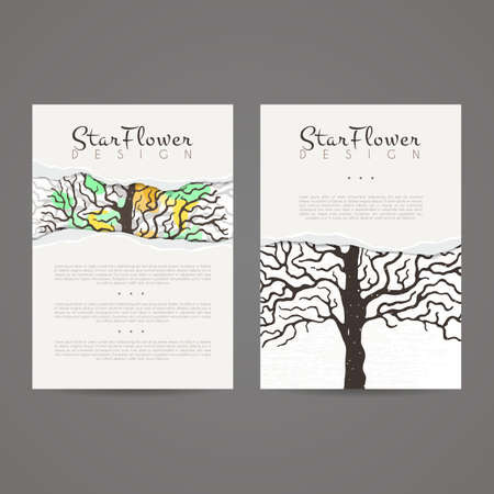 Set of vector design templates. Brochures in random colorful style. Vintage frames and backgrounds. Business card with tree in hand draw style. Hipster style.のイラスト素材