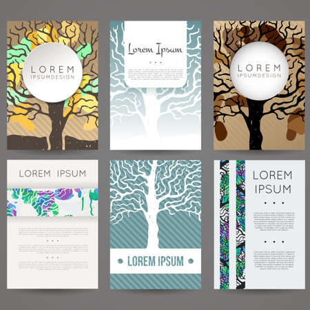 Set of vector design templates. Brochures in random colorful style. Vintage frames and backgrounds. Business card with tree in hand draw style. Hipster style.のイラスト素材
