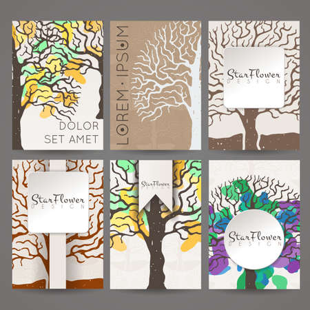 Set of vector design templates. Brochures in random colorful style. Vintage frames and backgrounds. Business card with tree in hand draw style. Hipster style.のイラスト素材