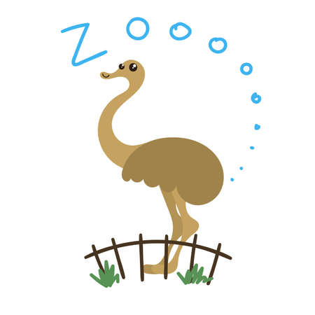 Cute Vector Zoo Animal. Kawaii eyes and style. Doodle illustration. Ostrichのイラスト素材