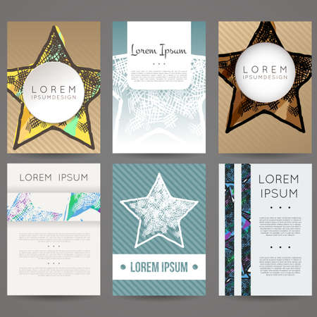 Set of vector design templates. Brochures in random colorful style. Vintage frames and backgrounds. Business card with star element. Hipster style.のイラスト素材