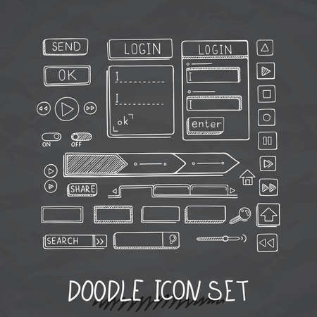 Hand drawn vector icons set website development doodles elements. Collection of web or decorating elements.のイラスト素材