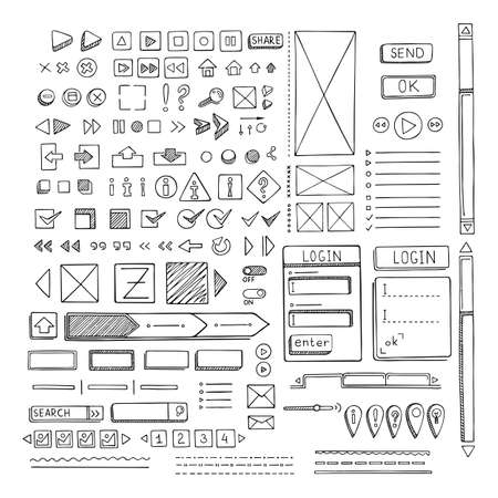 Hand drawn vector icons set website development doodles elements. Collection of web or decorating elements.のイラスト素材