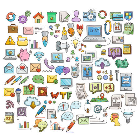 Set of Universal Doodle Icons. Bright Colors and Variety of Topics. Web and Money.のイラスト素材