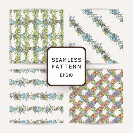 Set of doodle seamless patterns with various doodle flowers, leaves and branches. Simple floral ornaments.のイラスト素材