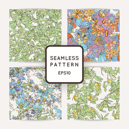 Set of doodle seamless patterns with various doodle flowers, leaves and branches. Simple floral ornaments.のイラスト素材
