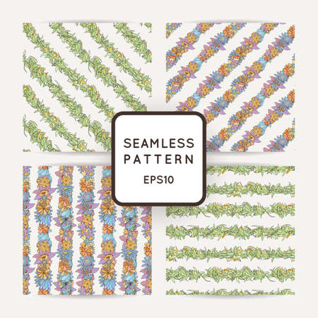 Set of doodle seamless patterns with various doodle flowers, leaves and branches. Simple floral ornaments.のイラスト素材