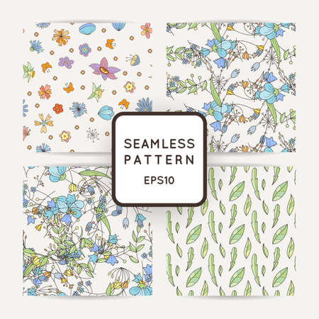 Set of doodle seamless patterns with various doodle flowers, leaves and branches. Simple floral ornaments.のイラスト素材