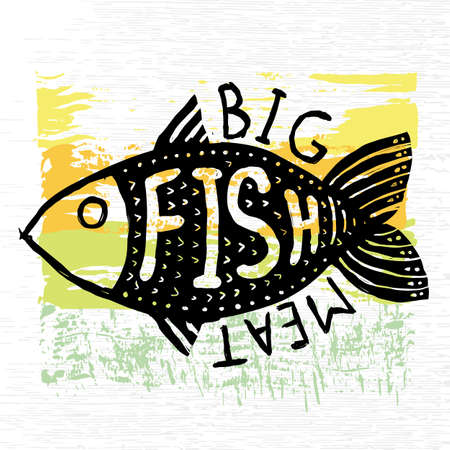 Hand drawn grunge fish. Hipster silhouette. Hand lettering. Seafood shop or restaurant design. Craft packaging template. Vector illustration.のイラスト素材