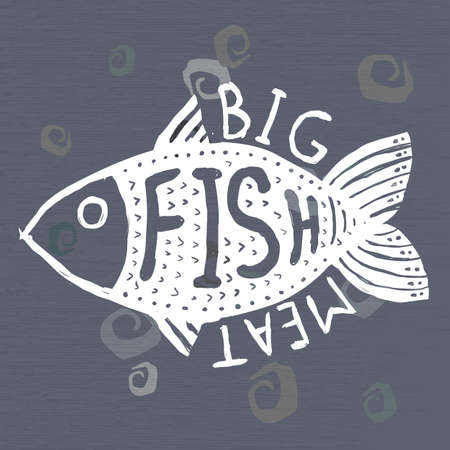 Hand drawn grunge fish. Hipster silhouette. Hand lettering. Seafood shop or restaurant design. Craft packaging template. Vector illustration.のイラスト素材